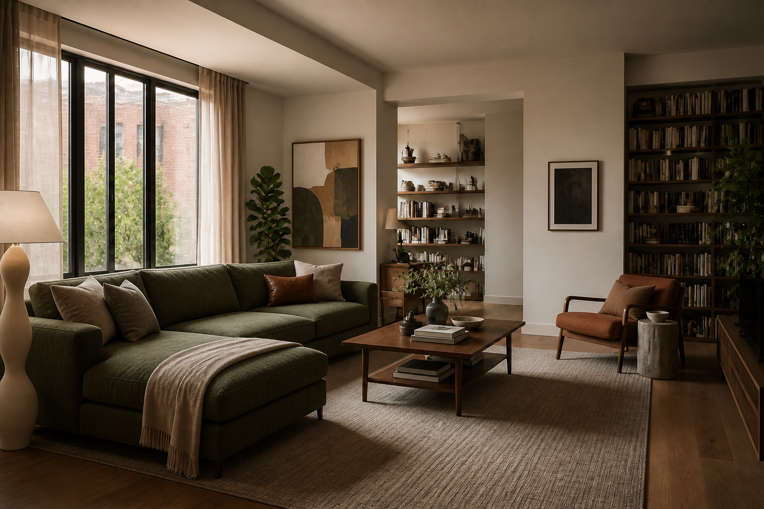 A living room makeover with an olive sofa