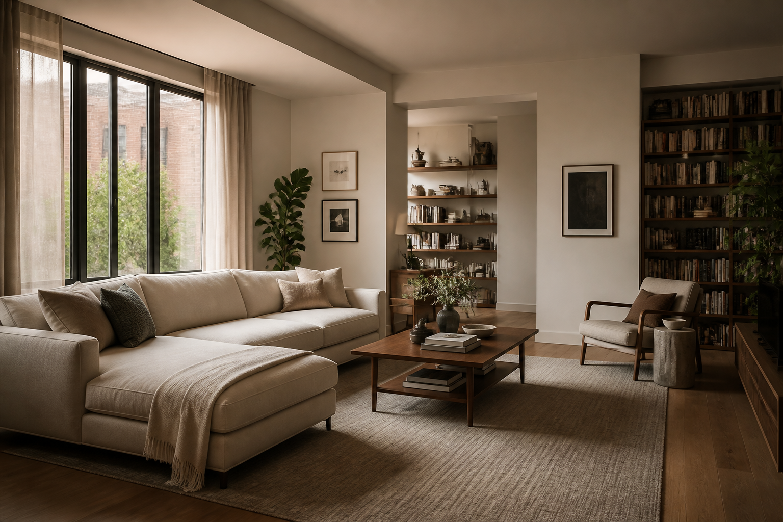 Warm modern living room with natural materials